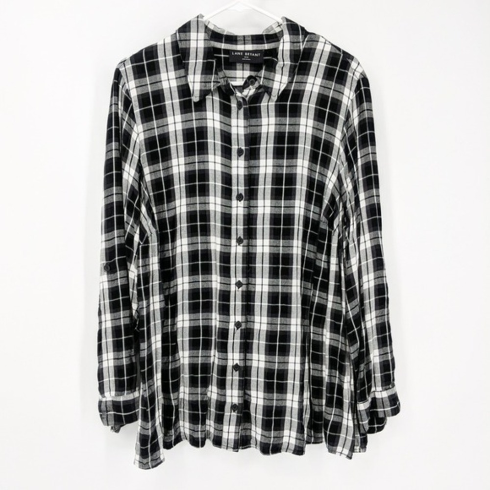 Lane Bryant Plaid Button Front Long Sleeve Shirt Black White‎ Women's Size 18/20